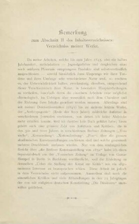 Bemerkung zum Abschnitt II des Inhaltsverzeichnisses: Verzeichniss meiner Werke