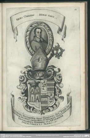 Georgius Freyseysen Abbas Runensis, Ser.mi Ferd.i Arch.cis Austriae Intimus Consiliarius, Ac Regiminis Vice Locumtenens Installatus. 9. Novembris 1.5.98. Postmodum Aulicae Camerae A. I. Praeses
