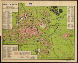 Plan von Zittau , 1:10 000, Lithographie, 1928 : Plan von Zittau / nach Plänen des Stadtbauamtes. - Rev. 1928. - 1:10 000. - Zittau : Haupt u. Schwager, 1928. - 1 Kt. : Lithogr. ; 44,7 x 34,8 cm