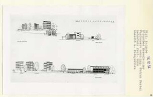 Strandbad Hasselwerder, Berlin-Tegel (Diplomarbeit bei Karl Wilhelm Ochs): Ansichten von Osten, Süden und Skizze Kabinentürme 1:200