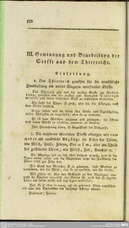 III. Gewinnung und Bearbeitung der Stoffe aus dem Thierreiche