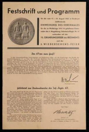 Einweihung des Ehrenmales in Bochum 75. Gründungsfeier des Regiments 5. Wiedersehens-Feier