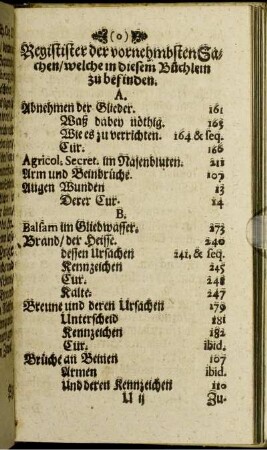 Registister [vielm.: Register] der vornehmbsten Sachen/ welche in diesem Büchlein zu befinden