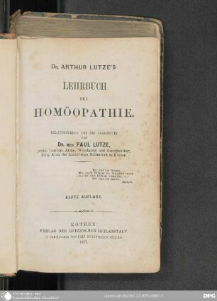 Arthur Lutze's Lehrbuch der Homöopathie