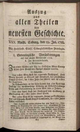 XXX. Nachl. Coburg, den 29. Jul. 1758.