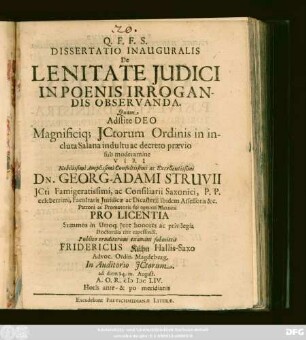 Dissertatio Inauguralis De Lenitate Iudici In Poenis Irrogandis Observanda