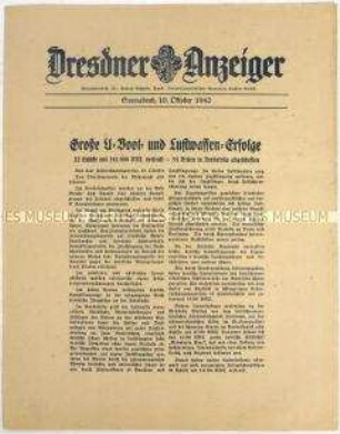 Nachrichtenblatt "Dresdner Anzeiger" mit Meldungen des Oberkommandos der Wehrmacht u.a. zum Unterseebootkrieg und zum Luftkrieg