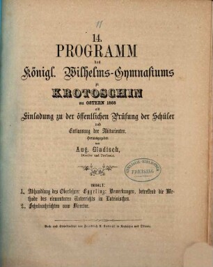 Programm des Königlichen Wilhelms-Gymnasiums zu Krotoschin : zu Ostern ..., 14. 1867/68 (1868)