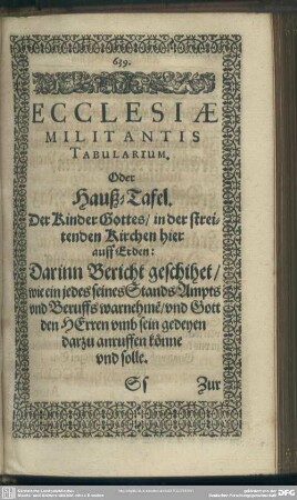 Ecclesiae Militantis Tabularium, Oder Hauß-Tafel