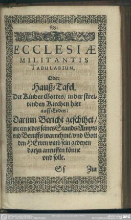 Ecclesiae Militantis Tabularium, Oder Hauß-Tafel