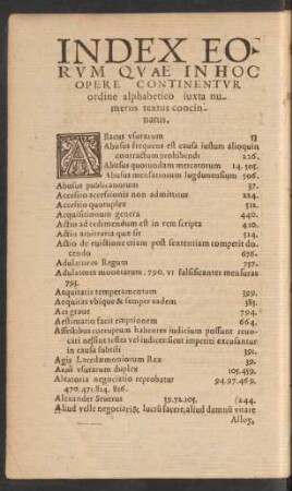 Index Eorum Quae In Hoc Opere Continentur ordine alphabetico iuxta numeros textus concinnatus.