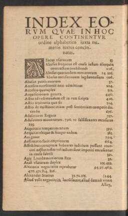 Index Eorum Quae In Hoc Opere Continentur ordine alphabetico iuxta numeros textus concinnatus.