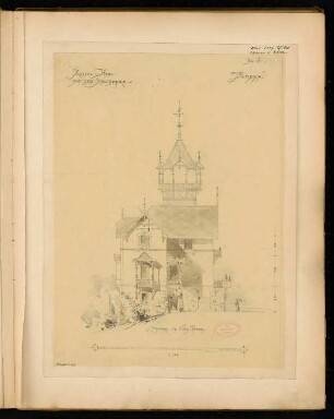 Kaffeehaus auf dem Hausberg bei Hirschberg Monatskonkurrenz April 1887: Aufriss Südwestansicht (Seitenansicht); Maßstabsleiste