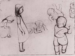Sechs Kinder, eines auf dem Rücken liegend