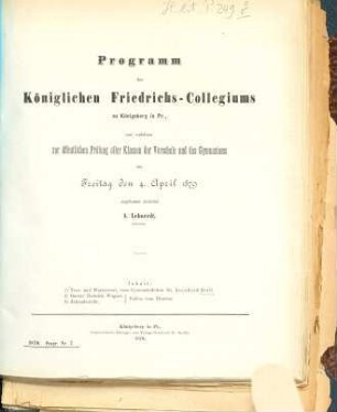 Programm des Königlichen Friedrichs-Kollegiums zu Königsberg in Pr. : für das Schuljahr ..., 1878/79