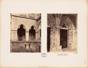 Auditoriengebäude der Philipps-Universität Marburg: Eingang Reitgasse, links Vorhalle von Westen, rechts Innentür der Vorhalle