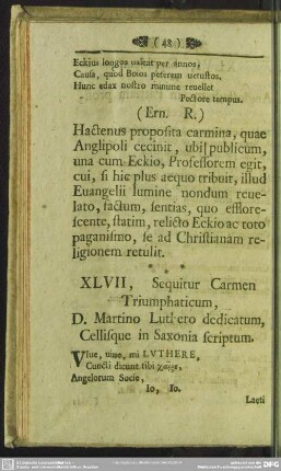 XLVII, Sequitur Carmen Triumphaticum, D. Martini Luthero dedicatum, Cellisque in Saxonia scriptum