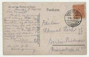 Postkarte von Richard Kauffmann an Hannah Höch. Neu-Weilnau