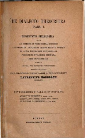 De dialecto Theocritea : Pars. I. (Diss. inaug.)