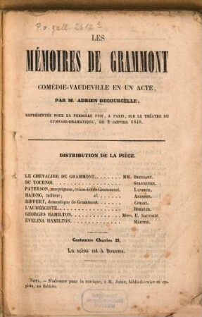 Les mémoires de Grammont : Comédie-vaudeville en 1 actes