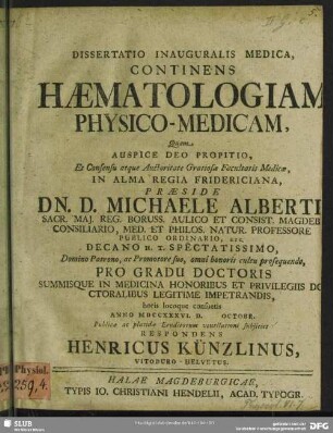 Dissertatio Inauguralis Medica, Continens Haematologiam Physico-Medicam