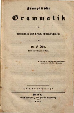 Französische Grammatik für Gymnasien und höhere Bürgerschulen