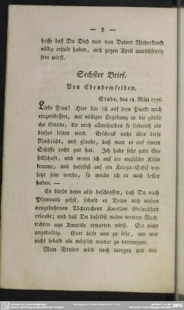 Sechster Brief. Von Ebendemselben : Stade, den 18. März 1776