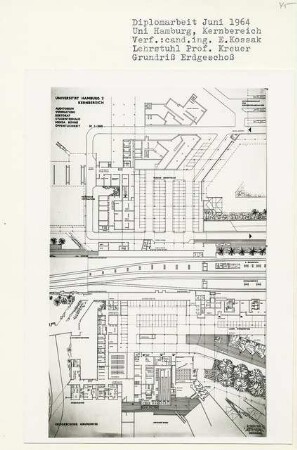 Uni Hamburg Kernbereich (Diplomarbeit bei Willy Kreuer): Auditorium, Verwaltung, Rektorat, Studentenhaus, Mensa, Bühne, Öffentlichkeit, Grundriss Erdgeschoss 1:200