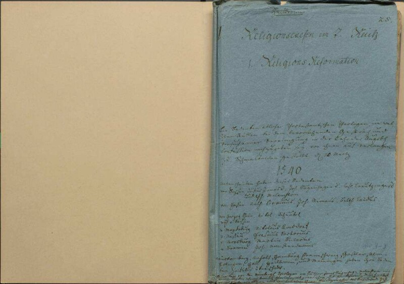 Von etlichen protestantischen Theologen am 10. März 1540 auf Verlangen in Schmalkalden gestelltes Bedenken, in welchen Stücken bei dem bevorstehenden Gespräch und Versuch einer Vereinigung in der Lehre der Augsburgischen Konfession nachzugeben sei. Unterschrieben haben dieses Bedenken von Sachsen Justus Jonas D., Johann Bugenhagen D., Caspar Kreuzinger D. und Philipp Melanchthon; von Hessen Antonius Corvinus, Johann Rimaus, Balthasar Caidus; von Herzog Heinrich von Sachsen Nikolaus Scheubel; von Magdeburg Nikolaus Amsdorf; von Nassau Erasmus Sartorius; von Straßburg Martin Bucerius; von Bremen Johann Amsterdamus. Württemberg, Anhalt, Hamburg, Braunschweig, Goslar, Ulm, Esslingen, Hall, Heilbronn und Memmingen haben ihre Bedenken schriftlich überschickt. Schreiben von den Nürnberger Theologen an Luther, Jonas, Bugenhagen und Melanchthon mit Versicherung der Übereinstimmung ihrer Lehren mit jener und ihrer Beharrung darauf nebst einem Schreiben von Luther u.a. mit Mitteilung ihrer Meinungen über das bevorstehende Gespräch.