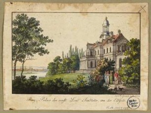 Findlaters Palais (Findlaters Weinberg) am Loschwitzer Elbhang zwischen Saloppe und Mordgrund bei Dresden nach Nordwesten, im Hintergrund die Stadt Dresden im Elbtal, Radierung um 1815 : Berg_Palais des verst. Lord Findlater von der Elbseite / bei C. F. Sprinck in Dresden. - [Dresden] , [ca. 1815]. - 1 Kunstblatt : kolor. Radierung ; 12,6 x 8,0 cm - Landsitz des Lord Jacob von Findlater und Seafield, ab 1821 Ausflugsgaststätte, um 1850 für Schloss Albrechtsberg abgerissen)