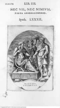 Achillis Bocchii Bonon. symbolicarum quaestionum, ... Libri quinque., 3. Buch, Seite CLXXIIII, Symbol LXXXII: Nec nil, nec nimium: Medaille Bocchis.