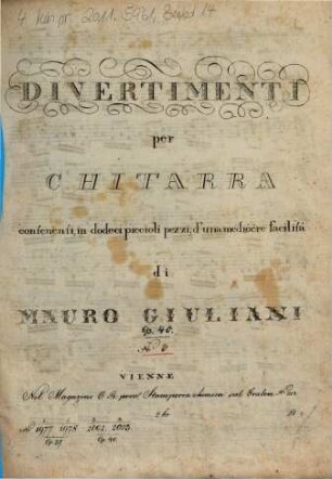 Divertimenti per chitarra : contenenti, in dodeci piccioli pezzi, d'una mediocre facilità ; opera 37, 3