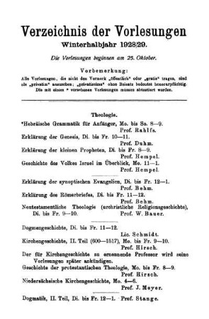 Verzeichnis der Vorlesungen Winterhalbjahr 1928/29.