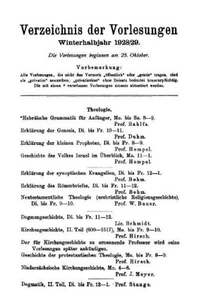 Verzeichnis der Vorlesungen Winterhalbjahr 1928/29.
