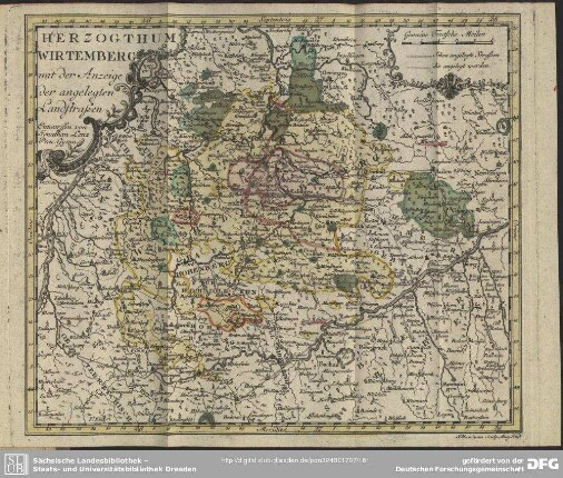 Herzogthum Wirtemberg mit der Anzeige der angelegten Landstraßen