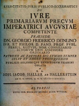 Exercitatio iur. publ.-eccl. de iure primariarum precum, imperatrici augustae competente