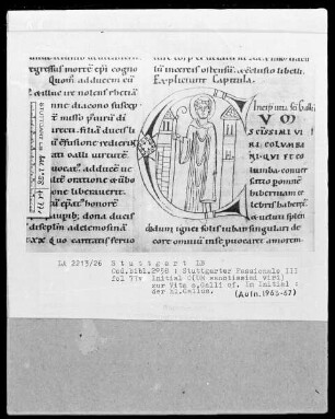 Stuttgarter Passionale — Ergänzungsband — Initiale C (um sanctissimi viri), darin der heilige Gallus, Folio 77verso