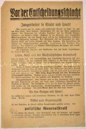 Programmatischer Aufruf der ostpreußischen Kommunistischen Jugend Deutschlands an die Jungarbeiter zum bewaffneten politischen Generalstreik gegen die Regierung