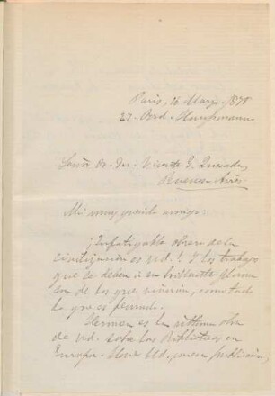 [Carta de agradecimiento a Vicente Quesada en español, París, 16 de marzo de 1878]
