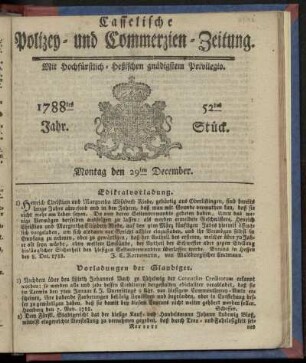 52tes Stueck, Montag den 29ten December. 1788