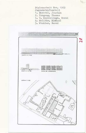 Jugendstrafanstalt, Berlin-Charlottenburg (Diplomarbeit bei Werner Düttmann): Schema der Unterbringung, Lageplan 1:1000 und Schnitte 1:500