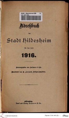 1916: [1916] Adreßbuch der Stadt Hildesheim : für das Jahr 1916