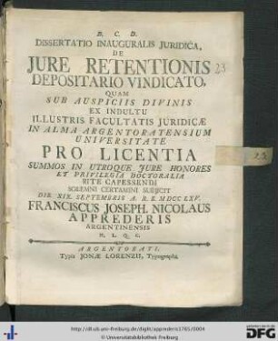 Dissertatio Inauguralis Juridica, De Jure Retentionis Depositario Vindicato