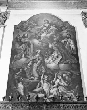 Die heiligen Rosalia, Gregor der Große, Jakobus und ein weiterer Heiliger bitten Maria um das Ende der Pest