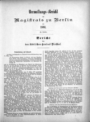 No. XXXI. Bericht über den städtischen Central-Viehhof
