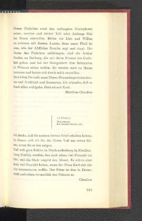 An Herder Wandsbeck, den letzten Juni 1784