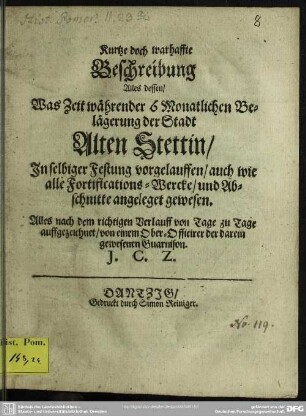 Beschreibung alles dessen, was während der Belagerung von Alten-Stettin vorgelauffen