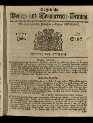 16tes Stueck, Montag den 22ten April 1771