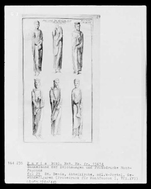 Les monuments de la monarchie française. Sammelband der Zeichnungen und Probedrucke Montfaucons — Saint-Denis, Abteikirche, Gewändefiguren des nördlichen Westportals (Probedruck für Bd. I, Taf. XVI), Folio fol. 23