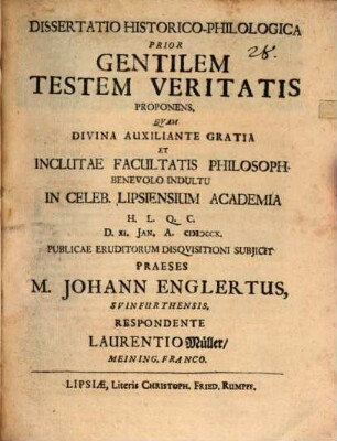 Diss. hist. philol. prior gentilem testem veritatis proponens